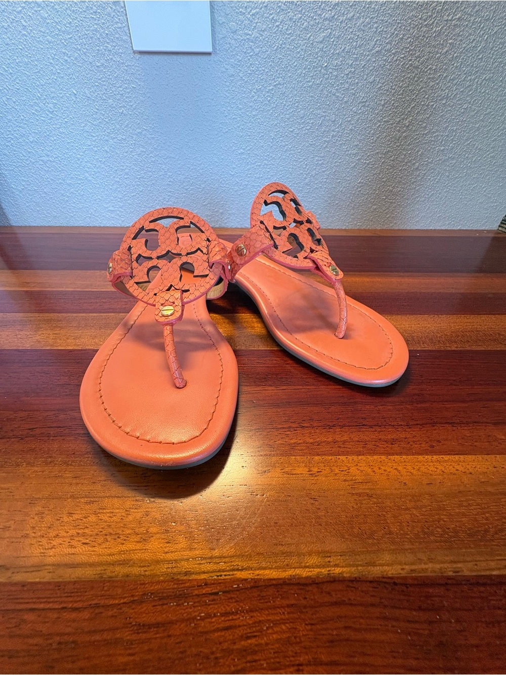 Tory Burch Miller Women's Coral Leather & Glossy Snake Print Sandals